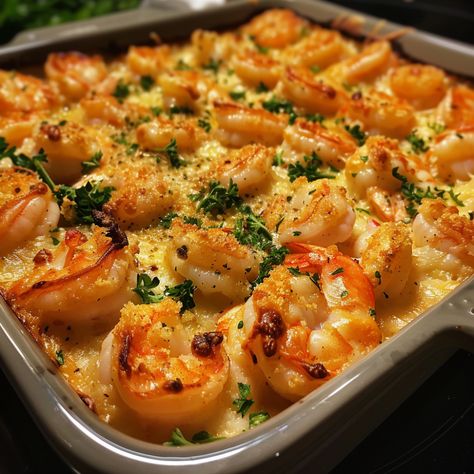 Cheesy Shrimp Bake | Delectable Recipe Oven Baked Shrimp Casserole With Cheese, Baked Shrimp Casserole, Shrimp Oreganata Recipe, Shrimp Bake, Oven Baked Shrimp, Cheesy Shrimp, Shrimp Casserole, Pizza Roll Recipe, Seafood Meals