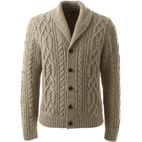 Lands' End Men's Classic Wool Blend Cable Shawl Cardigan ($119) ❤ liked on Polyvore featuring men's fashion, men's clothing, men's sweaters, men, sweaters, tan, mens shawl collar sweater, mens cardigan sweaters, mens sweaters and mens cable knit cardigan sweater Mens Shawl Cardigan, Mens Cable Knit Cardigan, Mens Shawl Collar Sweater, Mens Shawl Collar Cardigan, Mens Shawl, Beige Cable Knit Sweater, Mens Cable Knit Sweater, Sweaters Men, Knit Cardigan Pattern