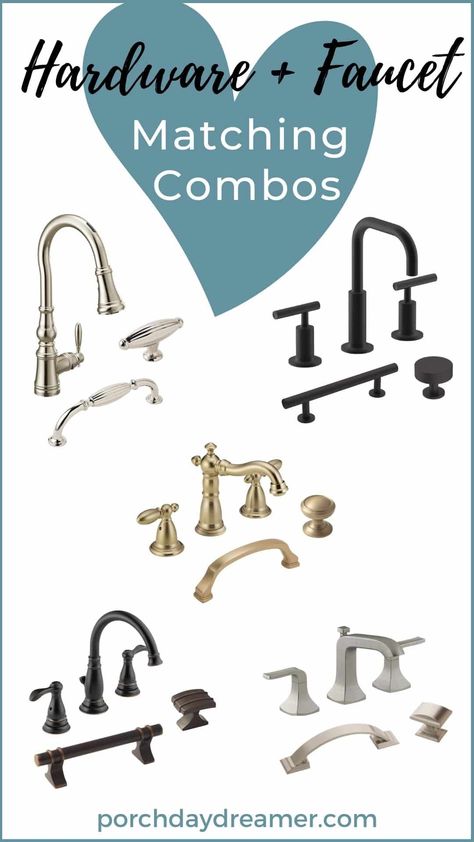 Looking for cabinet knobs or pulls that match your faucets? 50 cabinet hardware options that are the same metal finish as your kitchen or bathroom faucets! #kitchenfaucet #bathfaucet #cabinethardware #porchdaydreamer Shaker Cabinet Hardware, Cabinet Hardware Placement, Cabinet Hardware Installation, Kitchen Cabinets Knobs And Pulls, Gold Cabinet Hardware, Polished Nickel Faucet, Brushed Nickel Faucet, Lake House Kitchen, Shop Cabinets