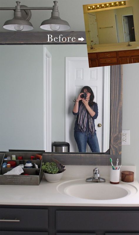 How to Frame a Mirror with Wood — Tag & Tibby Design Frame A Mirror, Rustic Mirror Frame, Bathroom Mirror Makeover, Bathroom Mirrors Diy, Rustic Mirror, Mirror Makeover, Mirror Frame Diy, Bathroom Mirror Frame, Rustic Home Interiors