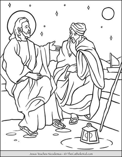 Jesus Teaches Nicodemus Coloring Page - TheCatholicKid.com Lds Coloring Pages, Cross Coloring Page, Wedding Coloring Pages, Saint Coloring, Jesus Coloring Pages, Sunday School Coloring Pages, January 9th, Jordan River, Miracles Of Jesus