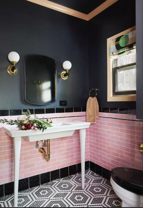 Pink Tile Bathroom, Pink And Black Bathroom, Guest House Small, Paris Inspired, Pink Tiles, Kitchen Concepts, Guest Cottage, Pink Bathroom, House Bathroom