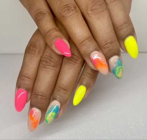 Neon Watercolor Nails, Colourful Marble Nails, Neon Marble Nail Designs, Bright Marble Nails, Bright Almond Nails, Marble Almond Nails, Colorful Marble Nails, Nail Spot, Bright Nail Art