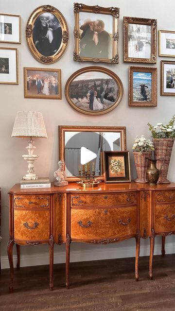 Vintage Gallery Wall Above Couch, Gallery Wall With Oval Frames, Styling With Antiques, Large Entry Way Wall Ideas, Antique Picture Wall, Antique Picture Frames On The Wall, Gallery Wall Ideas Family Photos, Gallery Wall With Mirror In Center, Vintage Entryway Ideas