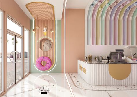 Pastel Cafe Interior, Pastel Interior Design Modern, Art Cafe Interior, Kids Cafe Interior, Dessert Cafe Interior, Cute Cafe Interior, Candy Shop Design, Cafe Pastel, Pastel Cafe