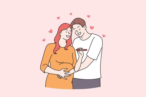 Happy relationship and expecting for baby concept. Happy couple man and woman cartoon characters standing hugging holding positive pregnancy test vector illustration Pregnant Cartoon Characters, Woman Cartoon Characters, Hugging Illustration, Pregnant Cartoon, Family Experiences, Hug Illustration, How To Get Pregnant, Woman Cartoon, Cartoon Drawings Of People