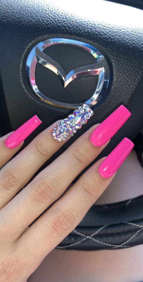 Neon And Rhinestone Nails, Pink Lady Nails, Bright Pink Nails With Rhinestones, Neon Pink Acrylic Nails Coffin, Hot Pink Nails With Diamonds, Hot Pink Nails With Gems, Neon Pink Nails With Rhinestones, Neon Pink Nails Acrylic, Pink Nails Diamonds