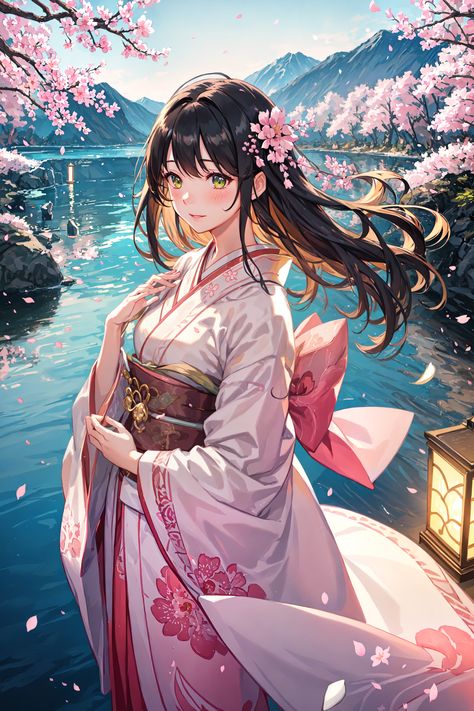 "Discover the ethereal beauty of a serene night under the Sakura in this digital painting. Embrace tranquility with glowing lanterns, cherry blossoms, and a traditional kimono-clad maiden." Japanese Warriors, Female Ocs, Enchanted Characters, Japanese Princess, Cherry Blossom Girl, Princess Games, Anime Kimono, Japanese Warrior, Traditional Kimono