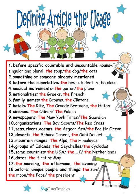 Chart: Definite Article 'the' - English ESL Worksheets for distance learning and physical classrooms Articles Grammar, Articles In English Grammar, Definite Article, Articles Worksheet, Esl Grammar, English Articles, English Exercises, Teaching English Grammar, Singular And Plural