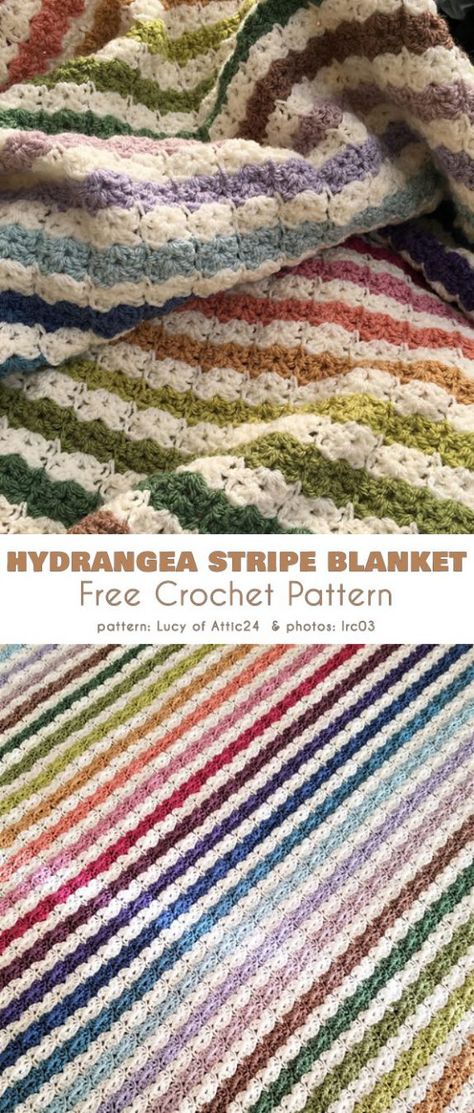 Hydrangea Stripe Blanket Free Crochet Pattern | Your Crochet Crochet Striped Blanket Pattern, Hydrangea Plant, Striped Crochet Blanket, Stripe Blanket, Crocheted Blanket, Crochet Blanket Afghan, Crochet Humor, Baby Blanket Knitting Pattern, Striped Blankets