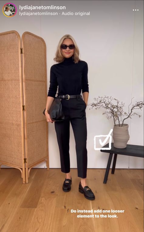 Loafer Chic Outfit, Leather Pants Loafers, Black Chunky Oxfords Outfit, Cropped Slacks Outfit, Slacks And Loafers Outfit Women, Black Mocasines Outfit, Black Moccasins Outfit, Chunky Oxfords Outfit, Lydia Tomilson