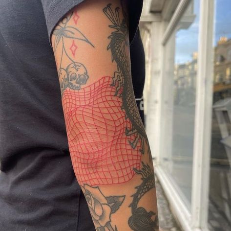 Tattoos Around Elbow, Men Red Tattoo, Existentialism Tattoo, Small Red Tattoo Ideas, Red Tattoo Ideas Female, Red Tatooes, Tattoo Ideas Female Red, Around Elbow Tattoo, Overlapping Tattoos