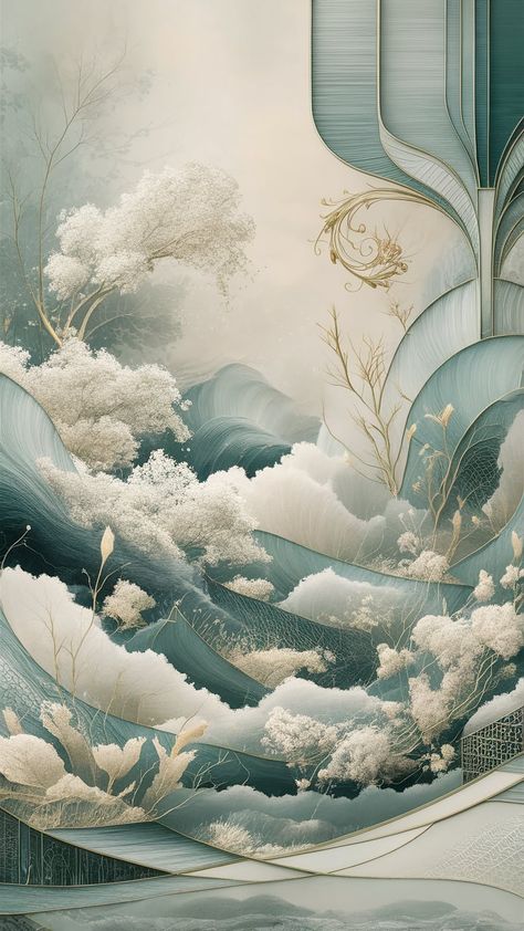 Immerse yourself in this serene aesthetic wallpaper, where soft pastel hues reminiscent of Impressionist art meet flowing Art Nouveau motifs. With modern geometric touches and Japanese ink wash-inspired textures, this visually stunning background evokes peace and creativity. Perfect for digital spaces, it harmonizes nature and elegance, inviting contemplation and inspiration. #AestheticWallpaper #InteriorDesign #ArtNouveau #Impressionism #Tranquility Watercolor Layers, Tranquil Aesthetic, Minimalist Elements, Transparent Watercolor, Art Nouveau Illustration, Organic Forms, Botanical Illustrations, Ink Wash, Stunning Wallpapers