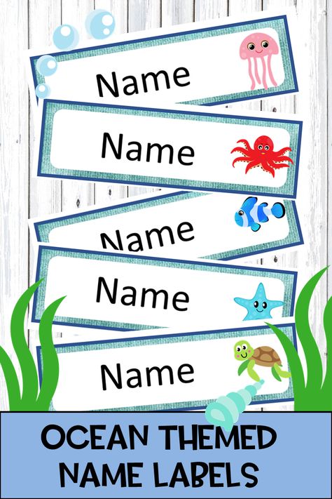 Ocean Theme Name Tags, Ocean Name Tags Free Printable, Under The Sea Name Tags Printable Free, Cricut Under The Sea, Under The Sea Name Tags, School Name Labels Printable Free, Seaside Eyfs, Tags Printable Free, Math Labels