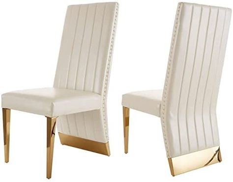 AZhome Dining Chairs Upholstered Dining Room Chairs White Leather Nailhead Dining Chair, Set of 2 Gold Dining Chairs, Dining Room Chairs Upholstered, Gold Dining, High Back Dining Chairs, Leather Dining Room Chairs, Parsons Chair, White Dining Chairs, Parsons Chairs, Leather Dining Chairs