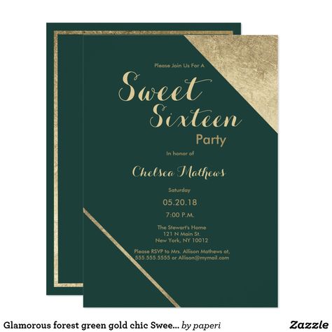 Glamorous forest green gold chic Sweet Sixteen Invitation Emerald Green Sweet 16, Sweet Sixteen Themes, Sweet Sixteen Party, Sweet Sixteen Birthday Invitations, 16 Invitations, Teen Party Games, Green Invitations, 16th Birthday Invitations, Gold Chic