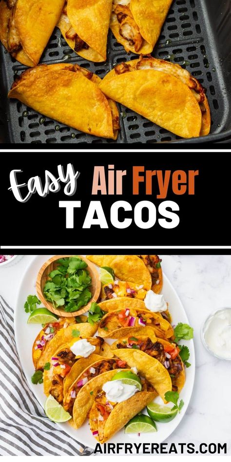 Make the best Air Fryer Tacos with this easy recipe, featuring perfectly seasoned shredded chicken thighs, melty cheese, and crispy air fried taco shells. Air Fried Tacos Recipe, Air Fryer Fried Tacos, Taco In Air Fryer, Air Fry Chicken Tacos, Corn Tortilla Air Fryer Recipes, Chicken Taco Air Fryer, Air Fryer Recipes Tacos, Air Fryer Carne Asada Tacos, Air Fryer Beef Tacos