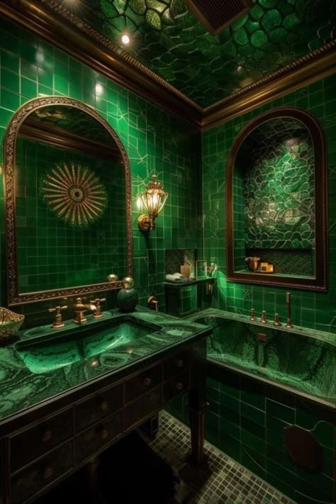 Black Bathroom Decor Ideas, Art Nouveau Bathroom, Green Bathroom Decor, Black Bathroom Decor, Green Vanity, Star Ship, Green Art Deco, 3d Room, Art Deco Bedroom