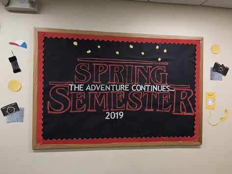 Stranger Things Bulletin Board, Homecoming Decorations Hallway, Ecse Classroom, Resident Assistant Door Decs, Ra Decorations, Ra Door Tags, Res Life Bulletin Boards, Stranger Things Wall, Inspirational Bulletin Boards