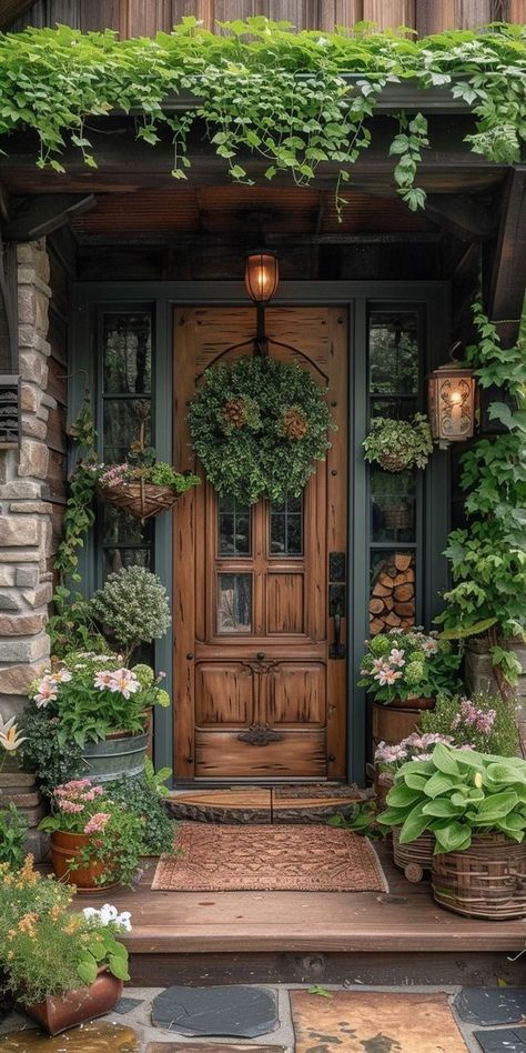 Spring Porch Decor, Casa Country, Diy Porch, Front Porch Decorating, Budget Backyard, Beautiful Doors, Garden Cottage, Paper Roses, Small Backyard Landscaping