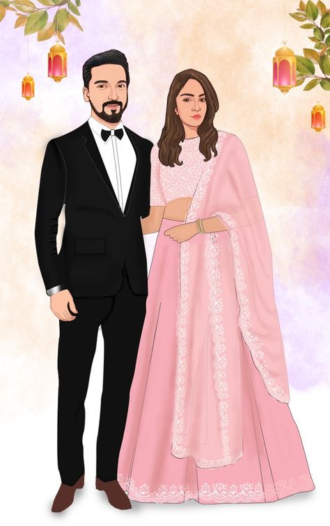 Engagement Caricature Couple, Wedding Couple Cartoon Marriage, Engagement Illustration Couple, Couple Digital Art Illustration, Bride And Groom Sketch, Wedding Caricature Couple, Couple Caricature Wedding, Engagement Caricature, Couple Wedding Illustration