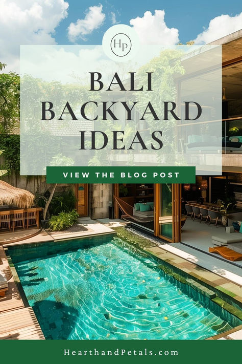 Spacious Bali backyard with lush landscaping and a long pool for relaxing outdoor days. Bali Backyard Ideas, Bali Inspired Backyard, Bali Backyard, Evening Relaxation, Tropical Pool Landscaping, Tropical Backyard Landscaping, Modern Backyard Design, Backyard Resort, Bali Style Home