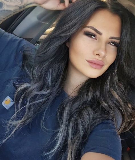 Summer Hair For Dark Hair, Dark Hair Peekaboo Highlights, Dark Hair With Silver, Black Hair With Ash Highlights, Black Hair Balayage, Dark Brunette Hair, Brunette Hair With Highlights, Hair Streaks, Dark Hair With Highlights