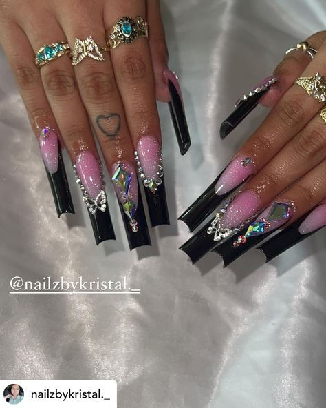 Pink Ombre Nails, Drip Nails, Swarovski Nails, French Acrylic Nails, Nail Art Designs Videos, Long Square Acrylic Nails, Unique Acrylic Nails, Bling Acrylic Nails, Glam Nails