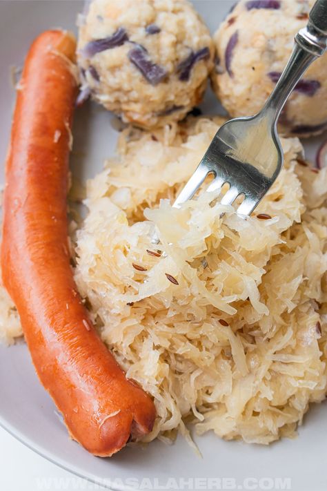 Bavarian Sauerkraut and Sausage Recipe Bavarian Sauerkraut Recipe, Sauerkraut And Sausage, Fermented Sauerkraut, Sauerkraut Recipe, Homemade Sauerkraut, Sauerkraut Recipes, Low Calorie Dinners, Potato Dumplings, Sausage Recipe