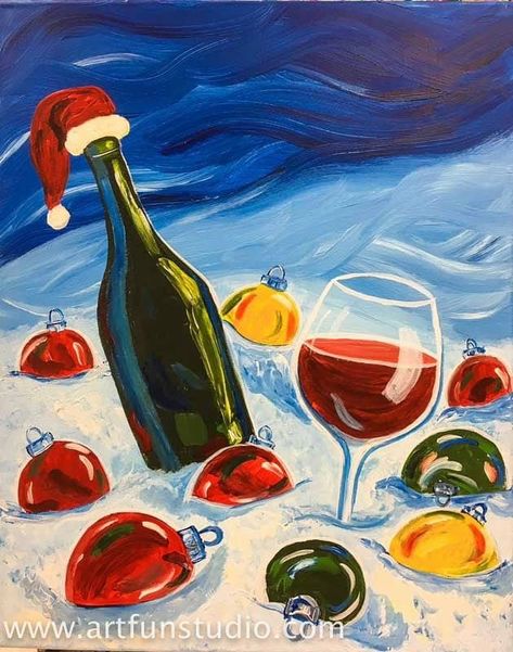 Wine Canvas Painting Ideas, Christmas Paintings Abstract, Holiday Paint Party Ideas, Paint And Sip Christmas, Christmas Themed Paintings, Christmas Painting Party, Paintings To Paint, Cute Christmas Paintings, Holiday Paintings