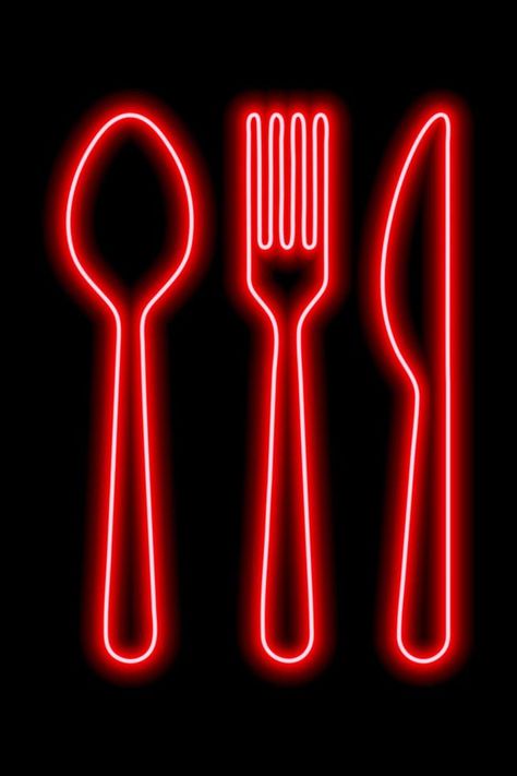 Neon red shapes of spoon, fork and table khife on a black background. Set of cutlery Tattoo Thoughts, Set Background, Spoon Fork Knife, Vector Game, Neon Red, Red Icons:), Spoon Fork, Cutlery Set, Red Background