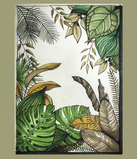 Jungle Drawing Sketches, Jungle Doodle, Tropical Plants Drawing, Tropical Leaf Drawing, Tropical Leaves Drawing, Tropical Sketch, Jungle Drawing, Water Sketch, Leaves Sketch