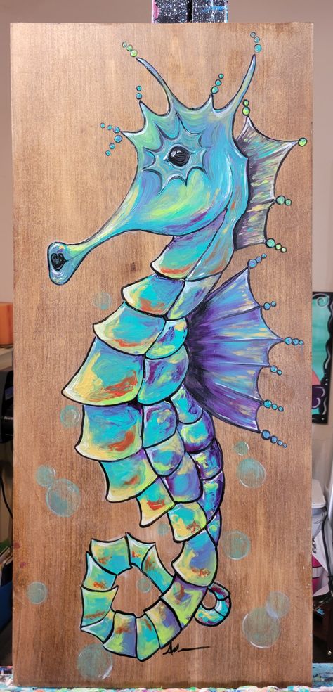 Acrylic on wood Painted Seahorses On Wood, Acrylic On Wood, Seahorses, Canvas Art Wall Decor, Art Ideas, Art Wall, Wall Art Decor, Canvas Art, Fish