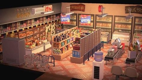 Animal Crossing Supermarket Ideas, Acnh Supermarket Design, Animal Crossing Supermarket, Acnh Supermarket, Rooms Acnh, Animal Crossing Interior, Supermarket Ideas, Shop Animal Crossing, Acnh Interior