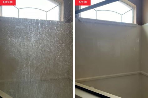 Glass shower door before and after being cleaned with dryer sheet. Glass Shower Door Cleaner, Shower Door Cleaner, Glass Shower Wall, Clean Shower Doors, Cleaning Baseboards, Dryer Sheet, Cleaning Challenge, Glass Shower Door, Hard Water Stains