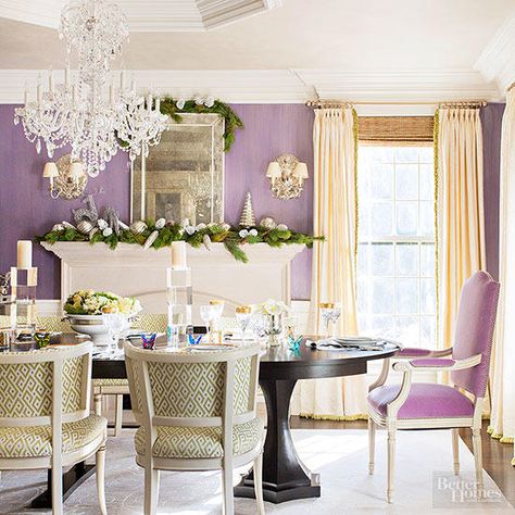 Lavender Dining Room, Purple Dining Room, Purple Dining Chairs, Lavender Walls, Holiday Interior, New England Home, Purple Decor, New England Homes, Traditional Home