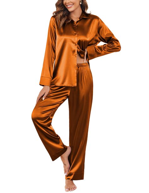 PRICES MAY VARY. ❤ PREMIUM MATERIAL: Couples Matching Long Sleeve Pajama Set is made of high quality satin fabric (95% polyester, 5% spandex), which is ultra soft, lightweight and comfortable, breathable and skin-friendly, reducing the stress and burden on your body, can keep you resting and sleeping feel relaxed. ❤ ClASSIC DESIGN: Long sleepwear set features buttons which is easy to put on and take off. Soft pajama set is a long-sleeved top with long pants, suitable for many seasons and occasio Silk Loungewear, Pjs Set, Silky Pajamas, Silk Pajamas Women, Loungewear Fashion, Pajamas For Women, Satin Sleepwear, Satin Pajama, Satin Pyjama Set