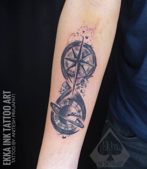 Infinity with compass and watch tattoo by EKKA INK TATTOO ART An infinity of passion can be contained in one minute, like a crowd in a small space.. #viral #explorepage #trending #explore #instagram #like #follow #instagood #likeforlikes #music #followforfollowback #fyp #viralvideos #lfl #likes #viralpost #instadaily #india #style #foryou #fashion #art #infinitytattoo #compasstattoo #clocktattoo #spacetattoo Infinity Compass Tattoo, Space Compass Tattoo, Traveling Tattoos, Time Clock Tattoo, Clock Tattoos, Red Tattoo Ideas, Dragon Tattoo Ideas, Red Ink Tattoo, Infinity Tattoo Designs