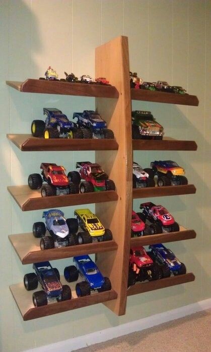 Truck shelf Monster Truck Garage Diy, Toy Monster Truck Storage, Monster Truck Shelves, Monster Jam Truck Storage, Monster Truck Room Ideas, Rc Car Storage Ideas, Monster Truck Storage Ideas, Monster Jam Room, Monster Truck Storage