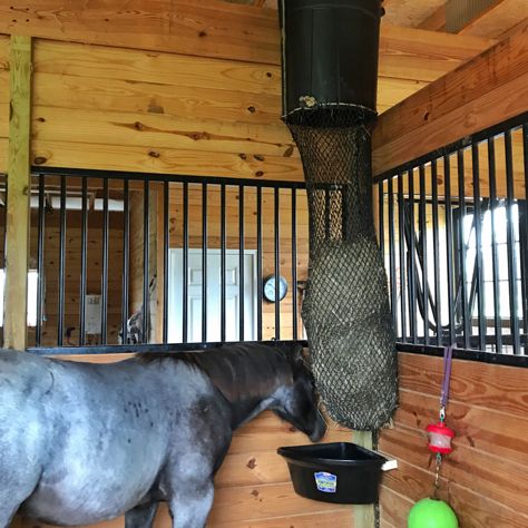 Hay chute made with Rubbermaid trash can and hay chix small bale net. Drop hay from loft right into slow feed net. Hay Loft Ideas, Feed And Tack Room Ideas, Small Stable Ideas, Barn Ideas For Horses, Stable Ideas Tack Room, Feed Room Ideas Barn, Small Tack Room, Horse Barn Hacks, Small Tack Room Ideas