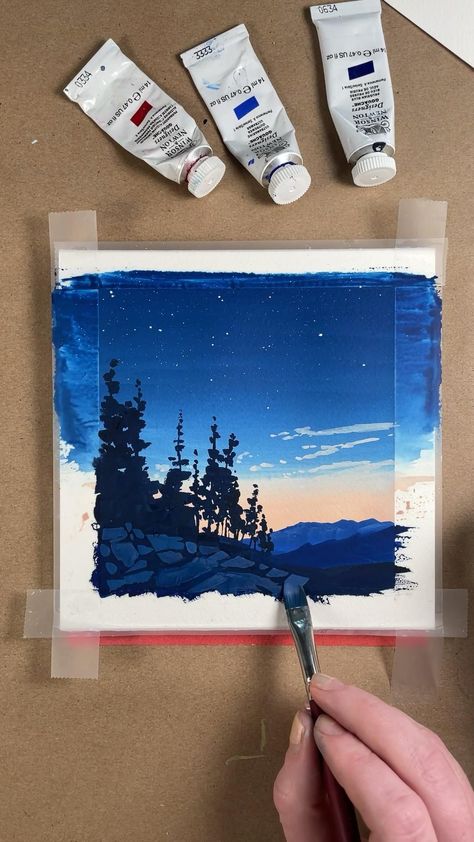 Gauche Painting, Sky Art Painting, Landscape Painting Tutorial, Art Painting Tools, Gouache Illustrations, Gouache Art, Canvas Painting Designs, Night Landscape, Small Canvas Art