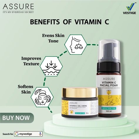 𝗛𝗲𝗹𝗹𝗼 😊💐 Healthy skin is a daily win. Get benefits for pretty skin with Vitamin C facial foam. Buy now. #vestproduct #assure #vestige #vitaminc #facialfoam #gelcreme #assure #glowingskin #skinglow Product Benefits Graphic Design, Social Media Images Design, Benefits Of Vitamin E, Vitamin C Facial, Sales Ideas, Job Poster, Product Poster, Skin Care Products Design, Sms Language