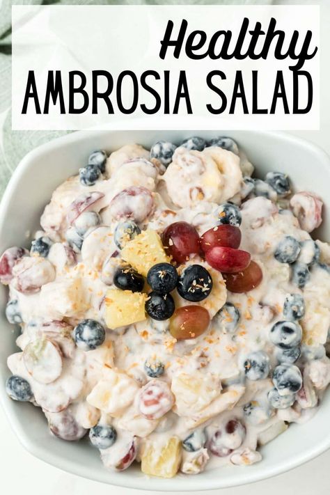 Healthy Dessert Salads, Vegan Ambrosia Fruit Salad, Ambrosia Salad Healthy, Healthy Ambrosia Salad, Aip Fruit Salad, Coconut Cream Fruit Salad, Dairy Free Ambrosia Salad, Vegan Fruit Salad Recipes, Healthy Ambrosia Fruit Salad