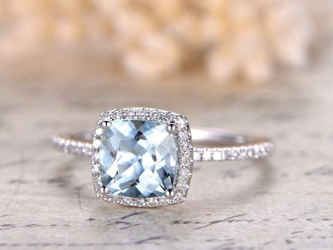 Cushion Cut Aquamarine Ring, Aquamarine Engagement Ring White Gold, Eternity Diamond Band, 14k White Gold Diamond Ring, Emerald Cut Diamond Ring, White Gold Diamond Engagement Ring, Aquamarine Engagement Ring, Aquamarine Ring, White Gold Diamond Rings