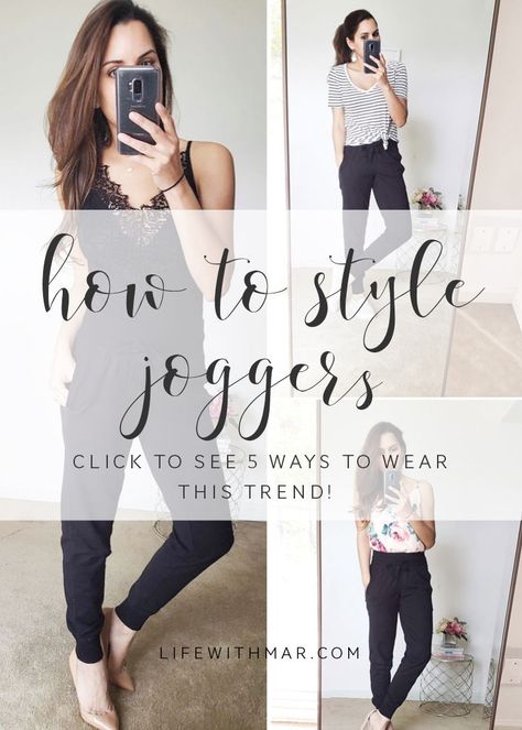 5 ways to style joggers: the ultimate guide! If you're looking for women's fashion tips on how to wear jogger pants, this post is for you! Click to see how you can wear these cute and comfy outfits that are stylish, too.  #casualoutfits #joggers #athleisure Zyia Activewear Outfits Joggers, Tops For Jogger Pants, Jogger Slacks Outfit Women, How To Style Jogger Pants For Women, How To Wear Athleisure Fashion, Tops With Joggers Outfit, Athleisure To Work, Joggers Outfit Women 2023, Dressy Joggers Outfit Women