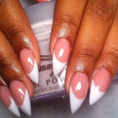 Tammy Taylor Pink and White Stiletto Nails by @creativenailsbh Pointed French Tip Nails White, Stiletto French Tip Nail Designs, Short Stelito Nails French Tip, Medium Stilleto Nails French Tip, Short Stilleto Nails French Tip Designs, Pink And White Stiletto Nails, Short Nails Stiletto, Short Stiletto French Tip Nails, Short Stiletto Nails