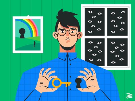 Top secret #2 window room painting man illustration rainbow hair face eyes key character design animation Secret Illustration, Dribbble Illustration, Illustration Rainbow, Key Illustration, Illustration Gif, Painting Man, Motion Designer, Room Painting, Man Illustration