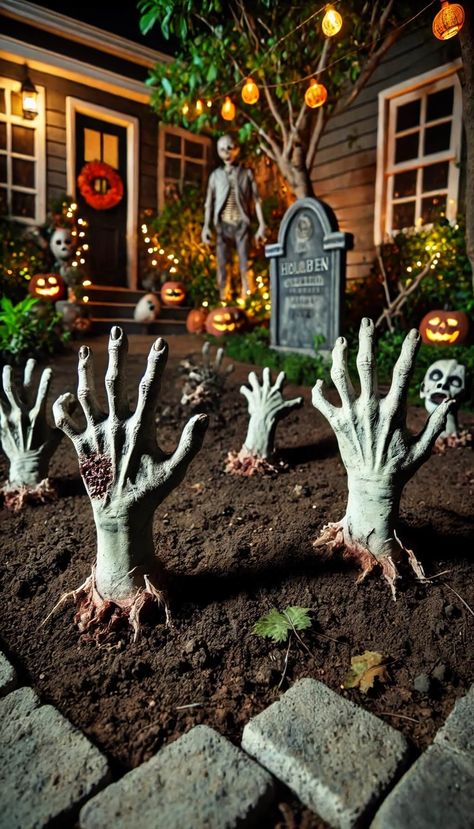 20 Easy DIY Halloween Yard Decorations for an Instant Haunting Effect 52 Yard Decor Halloween Diy, Halloween Graveyard Ideas Diy Front Yard, Cute Halloween Crafts Diy, Diy Cemetery Halloween, Halloween Wall Decorations Diy, Halloween Props Diy Yard Decorations, Halloween Walkway Ideas, Diy Graveyard Halloween, Halloween Graveyard Ideas Diy