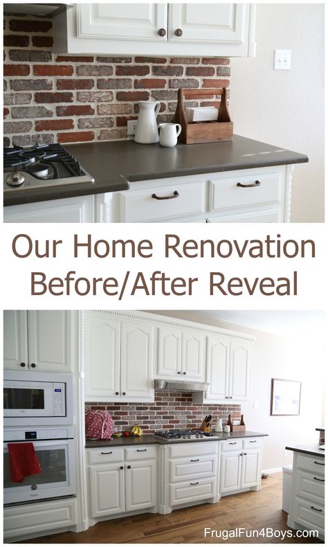 Our Home Renovation Before/After Reveal - Frugal Fun For Boys and Girls White Cabinets With Brick Backsplash, White Kitchen Cabinets Brick Backsplash, White Painted Brick Backsplash Kitchen, White Kitchen Cabinets With Brick Backsplash, White Kitchen Cabinets Black Countertops Brick Backsplash, White Cabinets Brick Backsplash, White Kitchen Brick Backsplash, White Kitchen With Brick Backsplash, Red Brick Backsplash Kitchen