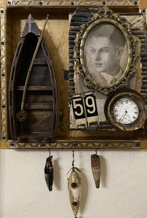 Assemblage Art Collage, Art Showcase, Vintage Fishing Lures, To My Dad, Mixed Media Crafts, Assemblage Art, Vintage Fishing, Decorative Art, Vintage Photo